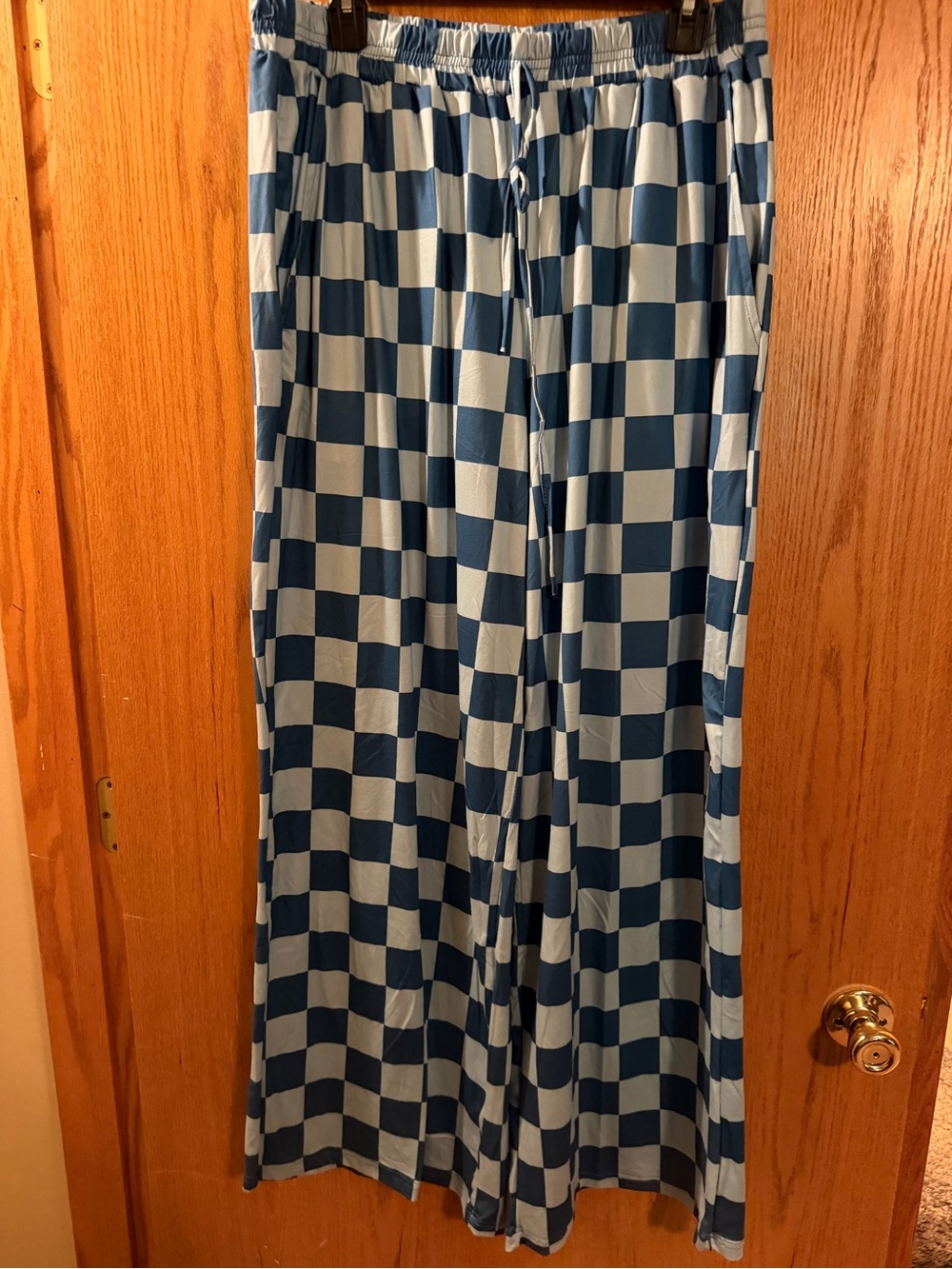 Blue Checkerboard Wide-Leg Joggers with Drawstring